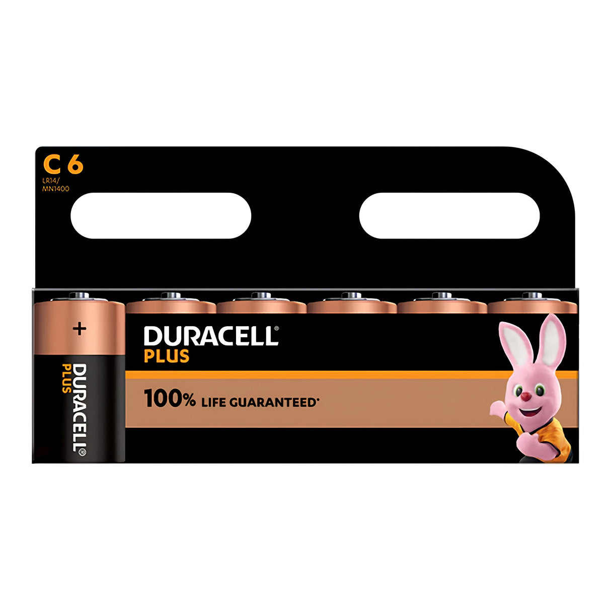 The Duracell Plus Power +100% C LR14 Alkaline Batteries (6 Pack) features the iconic bunny mascot and offers a 100% Life Guarantee, promising a long-lasting charge. Ideal for high-drain devices, these batteries ensure your gadgets operate seamlessly.