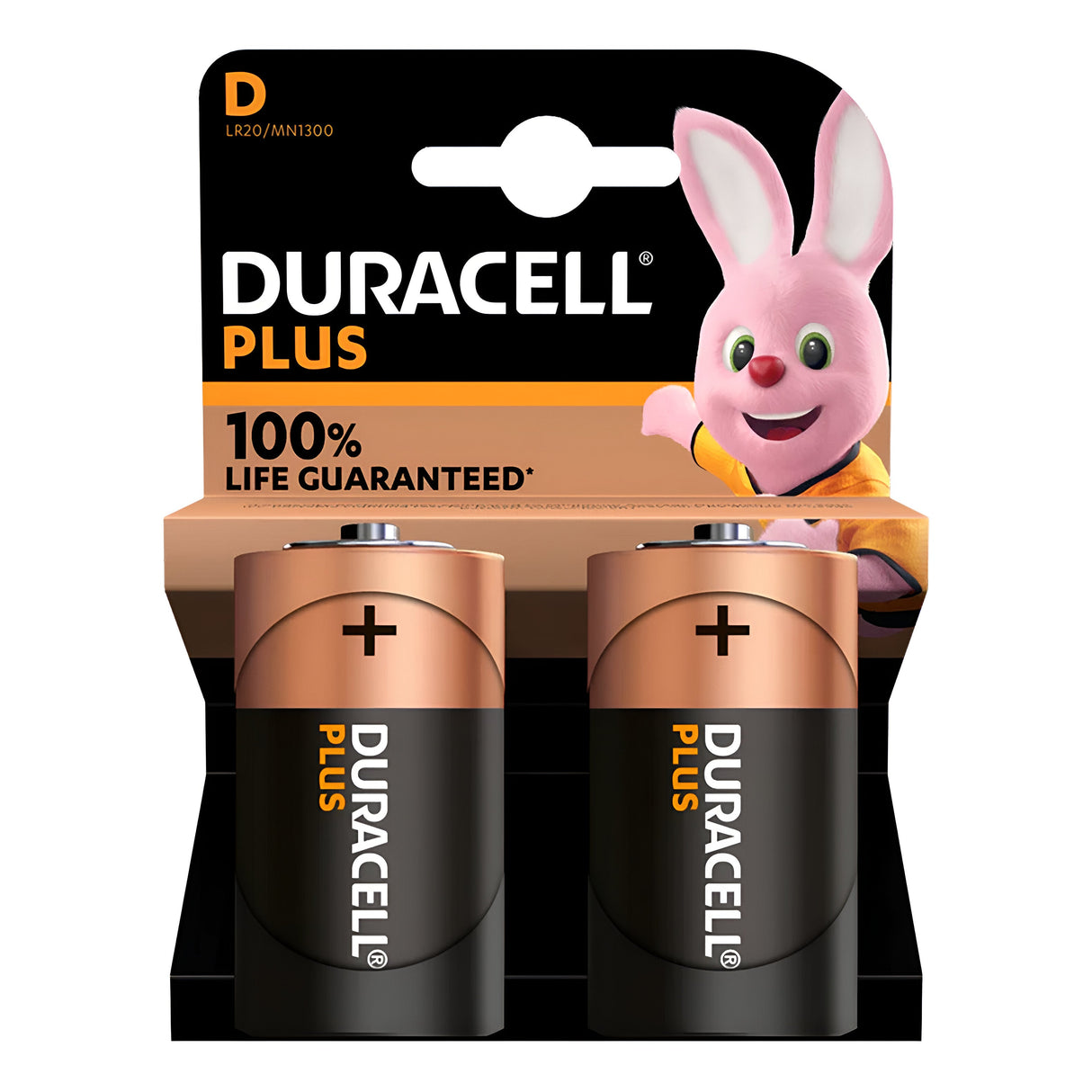 The packaging for the Duracell Plus Power +100% D LR20 Alkaline Batteries (2 Pack) features two high-performance batteries accompanied by the famous Duracell bunny. The package prominently displays "100% Life Guaranteed" in bold text, assuring dependable power for all your needs.