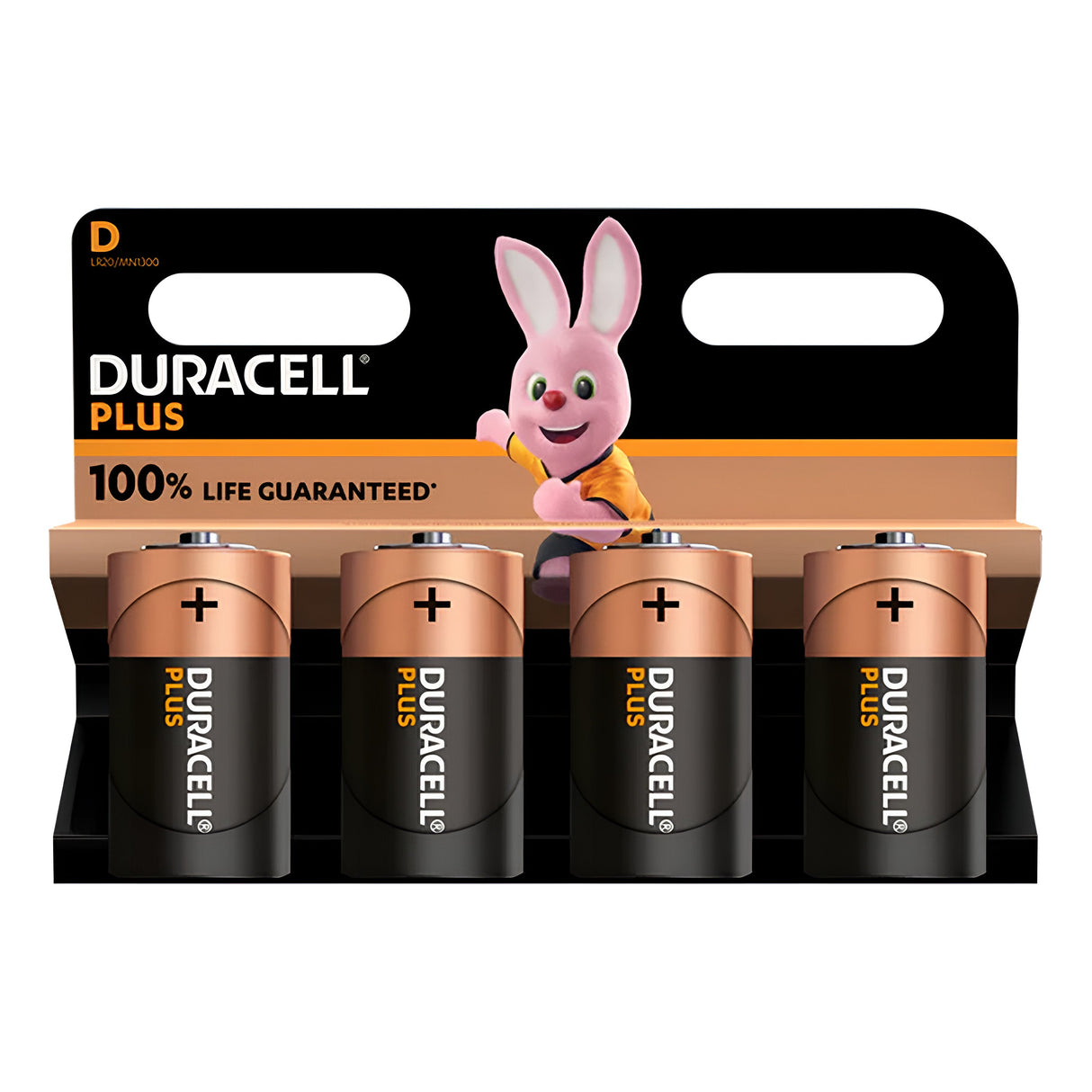 The packaging of the Duracell Plus Power +100% D LR20 Alkaline Batteries (4 Pack) features four dependable alkaline batteries. In the backdrop, the iconic Duracell bunny mascot is depicted holding a battery. Highlighting advanced Duracell technology, the package confidently states "100% Life Guaranteed" for everyday devices.