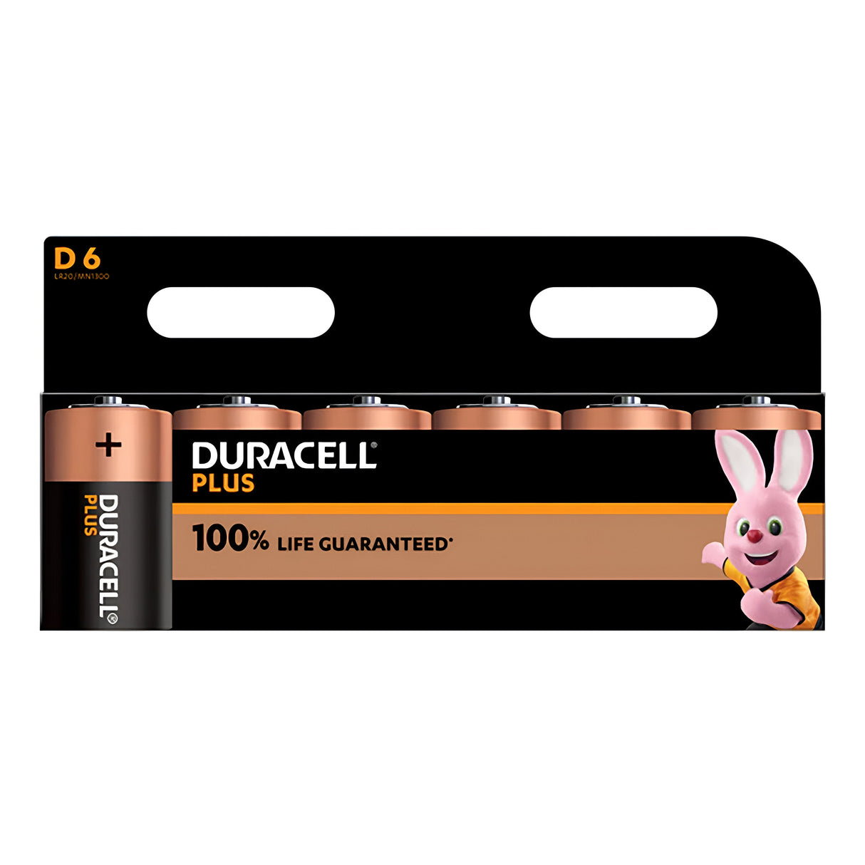 A pack of Duracell Plus Power +100% D LR20 alkaline batteries (6 pack) is displayed. The packaging is black, showcasing the prominent Duracell logo with the brand's pink bunny mascot on the right side. Emphasizing long-lasting power, the text "100% Life Guaranteed" underscores their reliable performance.