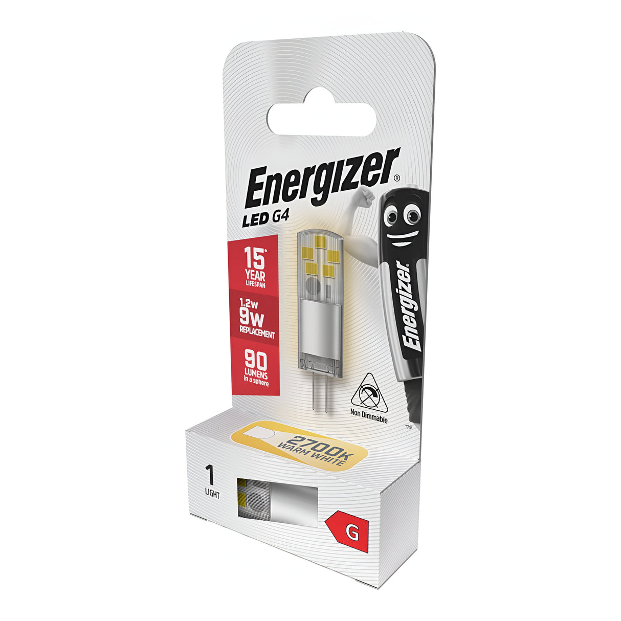 The packaging of the Energizer 1.2W G4 Non-Dimmable LED Capsule Bulb - Warm White, 2700K highlights its energy efficiency, offering a lifespan of 15 years with only 1.2 watts equivalent to a traditional 9-watt bulb, providing 90 lumens at a comfortable 2700K. On the right side of the package, the iconic Energizer mascot emphasizes quality and innovation.