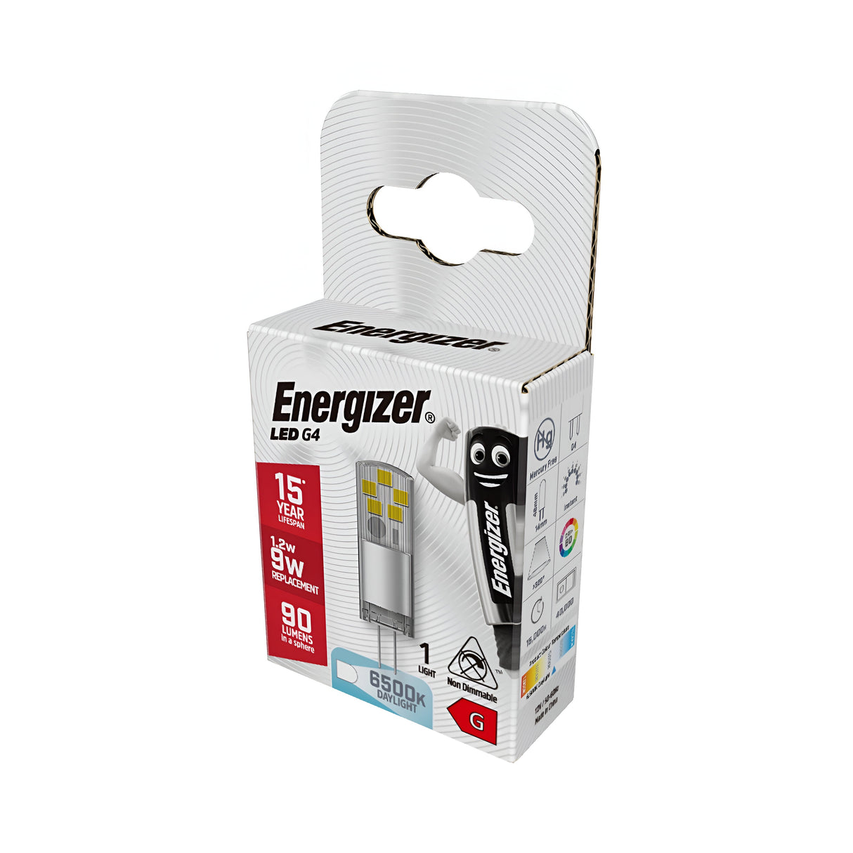 The packaging of the energy-efficient Energizer 1.2W G4 Non-Dimmable LED Capsule Bulb emphasizes its features: it's a 1.2W bulb equivalent to a 15W incandescent, producing 90 lumens with a crisp daylight brightness of 6500K. A cheerful cartoon bulb character beams on the label.