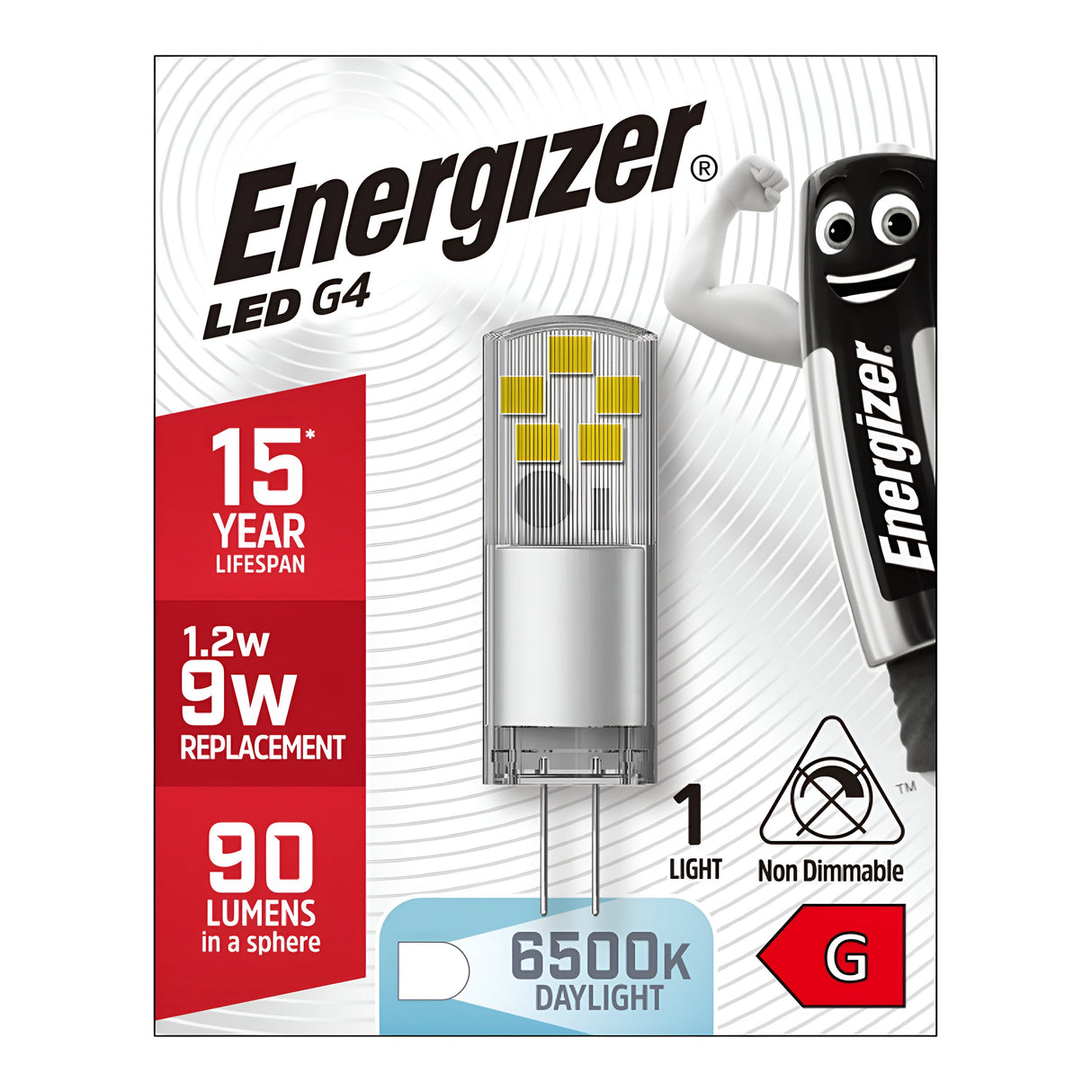 The packaging of the Energizer 1.2W G4 Non-Dimmable LED Capsule Bulb - Daylight, 6500K, showcases a branded character and highlights its 15-year lifespan. This energy-efficient bulb uses only 1.2 watts to replace a traditional 9-watt bulb while emitting 90 lumens of light. It delivers a crisp daylight color at 6500K and holds an energy rating of G.
