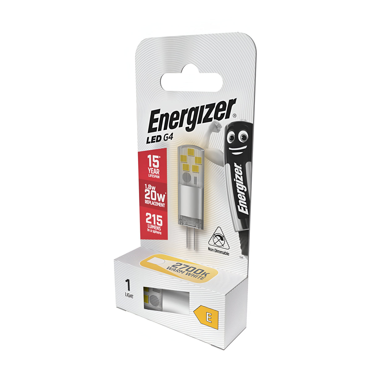 The package highlights the Energizer 1.8W G4 Non-Dimmable LED Capsule Bulb in Warm White, offering an energy-efficient design. This compact, transparent bulb reveals its internal components and features a remarkable 15-year lifespan, serving as a replacement for 20W bulbs while providing an output of 215 lumens and a comforting 2700K illumination.