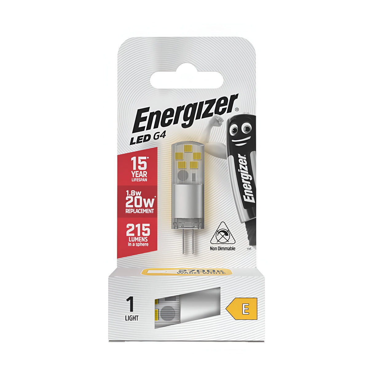 The Energizer 1.8W G4 Non-Dimmable LED Capsule Bulb - Warm White, 2700K packaging emphasizes its impressive 15-year lifespan and energy efficiency, using only 1.8W to replace conventional 20W bulbs. It provides 215 lumens of light output and showcases the iconic Energizer mascot next to an illustration of the bulb.