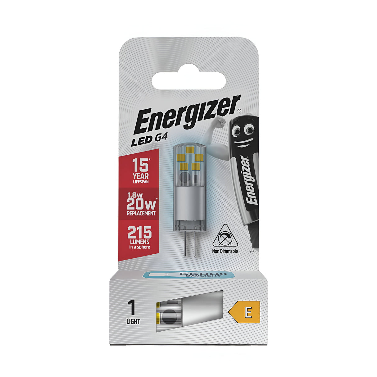 Image of the Energizer 1.8W G4 Non-Dimmable LED Capsule Bulb - Daylight, 6500K packaging. The compact G4 base package features a light bulb, highlights a 15-year lifespan, an energy-saving 18W equivalent for a 20W replacement, offers three-step brightness at 215 lumens and showcases a cheerful battery mascot. Ideal for energy-efficient lighting needs.