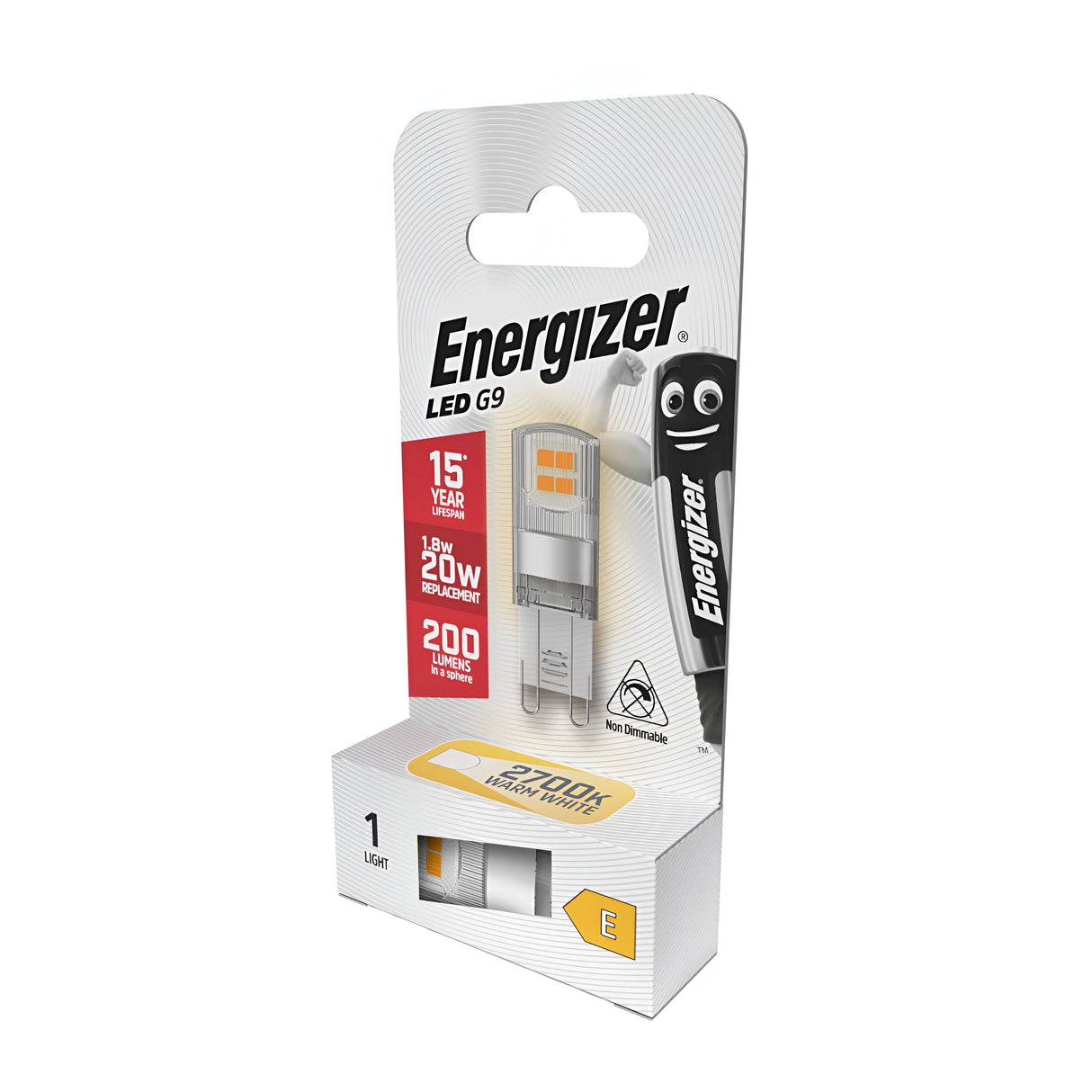 The packaging of the Energizer 1.8W G9 Non-Dimmable LED Capsule Bulb highlights its energy-efficient lighting, offering a warm white glow at 2700K and providing 200 lumens. It has an impressive lifespan of up to 15 years, effectively replacing traditional bulbs with lower wattage power consumption. A cheerful battery character illustration appears on the side of the box, emphasizing its reliable performance.