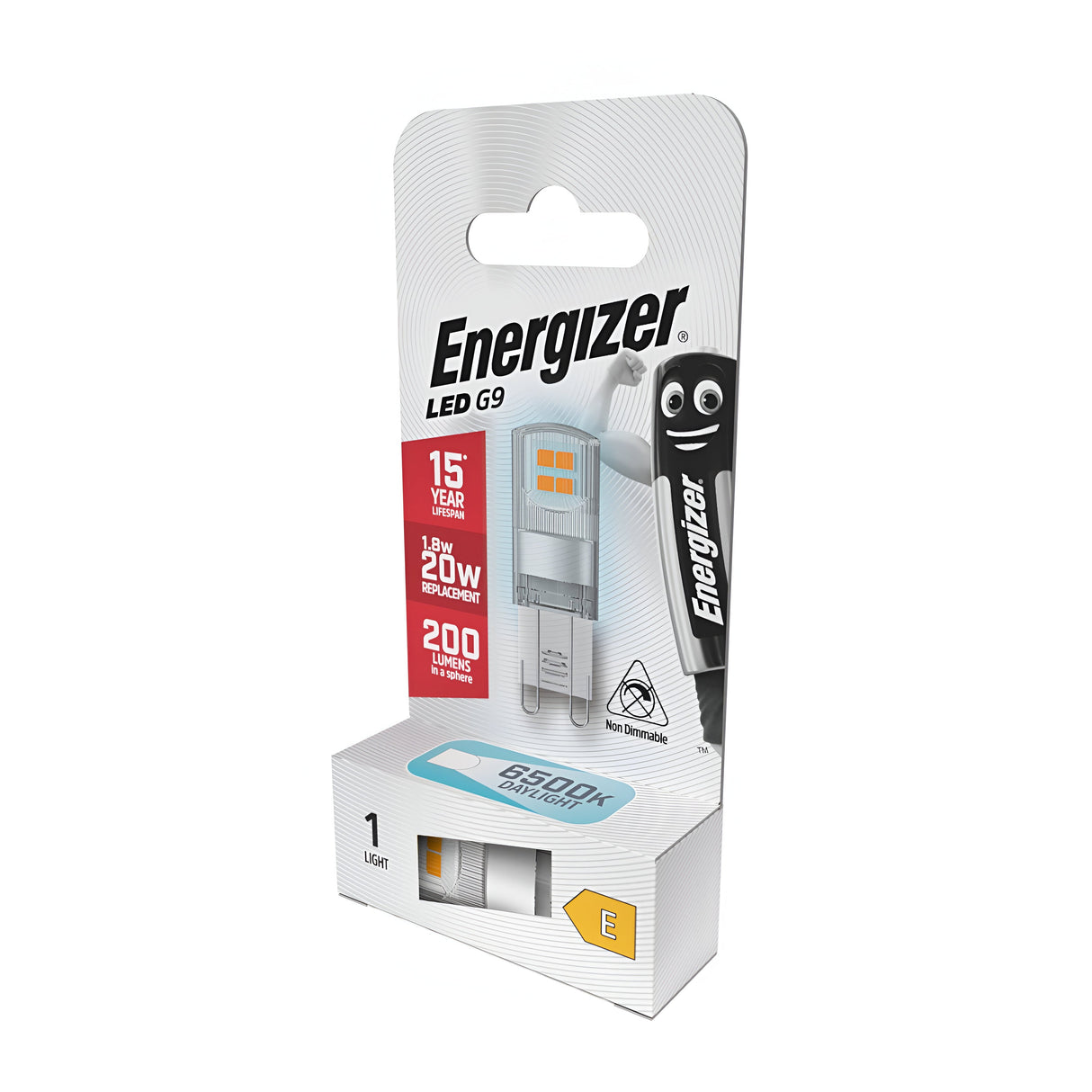 The packaging of the Energizer 1.8W G9 Non-Dimmable LED Capsule Bulb in Daylight 6500K highlights its impressive 15-year lifespan and energy efficiency, equivalent to a traditional 20W bulb. It provides crisp, clear lighting with an output of 200 lumens and emits a cool daylight glow at 6500K. Additionally, the design features a playful cartoon battery character on the side.