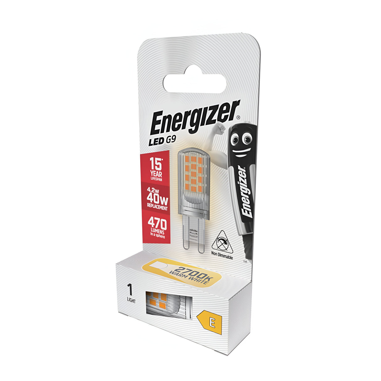 The Energizer 4.2W G9 Non-Dimmable LED Capsule Bulb - Warm White, 2700K package highlights an energy-efficient lighting solution with a bulb that uses 4.2W but delivers the equivalent of a 40W output, producing 470 lumens of light. It offers a warm white hue at 2700K and has an impressive lifespan of up to 15 years, complemented by a playful cartoon battery character on the side.