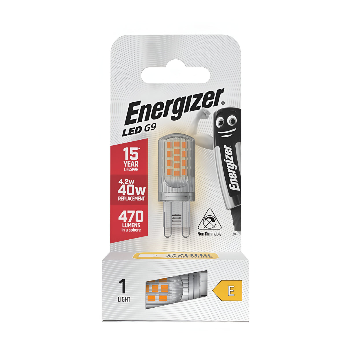 The packaging for the Energizer 4.2W G9 Non-Dimmable LED Capsule Bulb emphasizes its energy-efficient design, boasting a 15-year lifespan. This 4.2W bulb replaces a traditional 40W bulb and emits 470 lumens in a warm white light at a color temperature of 2700K. The primarily white packaging also features an illustration of a bulb character on the right side.