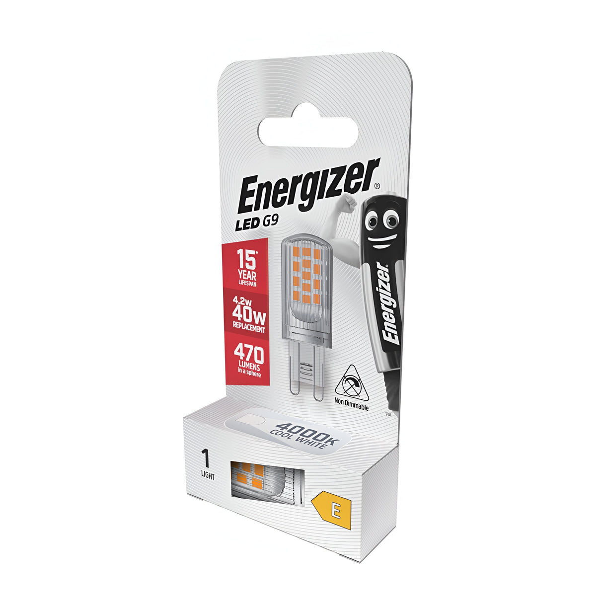 The packaging of the Energizer 4.2W G9 Non-Dimmable LED Capsule Bulb - Cool White, 4000K highlights its features: a power output of 4.2W equivalent to a traditional 40W bulb, delivering 470 lumens, and boasting a lifespan lasting up to 15 years. The box emphasizes the energy efficiency class E with symbols and includes a cartoon mascot holding the bulb. Experience long-lasting brilliance with cool white light but note there is no dimmable option available.