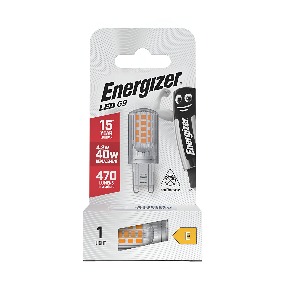 The packaging of the Energizer 4.2W G9 Non-Dimmable LED Capsule Bulb - Cool White, 4000K emphasizes its energy efficiency, featuring a 15-year lifespan while consuming only 4.2W to provide a replacement for a 40W output with cool white light at 470 lumens. The package includes a non-dimmable icon and has an illustrated character on the side.
