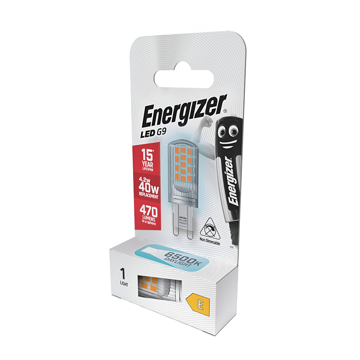 The packaging of the Energizer 4.2W G9 Non-Dimmable LED Capsule Bulb emphasizes its remarkable energy efficiency, featuring a lifespan of up to 15 years. With a power consumption of 4.2 watts replacing a traditional 40-watt bulb and emitting 470 lumens, it provides daylight illumination at a cool temperature of 6500K. The design is primarily white with brand graphics showcased prominently.