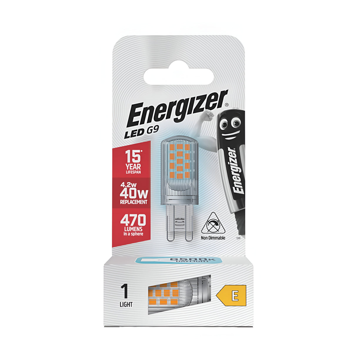 The packaging of the Energizer 4.2W G9 Non-Dimmable LED Capsule Bulb - Daylight, 6500K emphasizes its remarkable 15-year lifespan and energy efficiency, using only 4.2 watts while delivering performance equivalent to a traditional 40W bulb. It offers bright daylight illumination at 470 lumens and is adorned with an image of the bulb alongside the iconic Energizer logo and battery character.