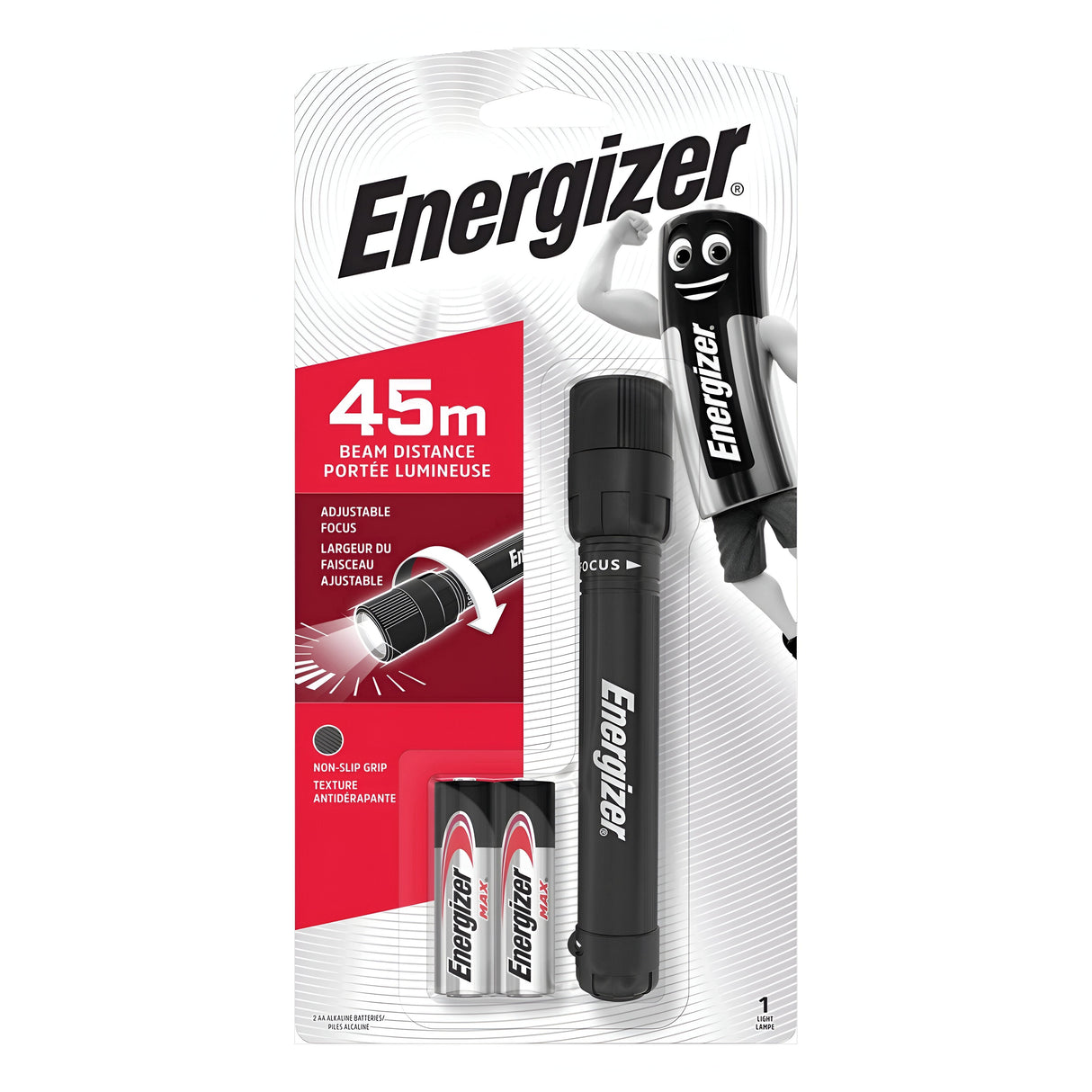 The packaging image of the Energizer Adjustable Focus LED Torch 50 Lumen features a stylish black flashlight with an adjustable focusing lens, two AA batteries, and a fun cartoon character. The text highlights its 45-meter beam distance, non-slip grip, and IPX4 water-resistant rating for enhanced durability.