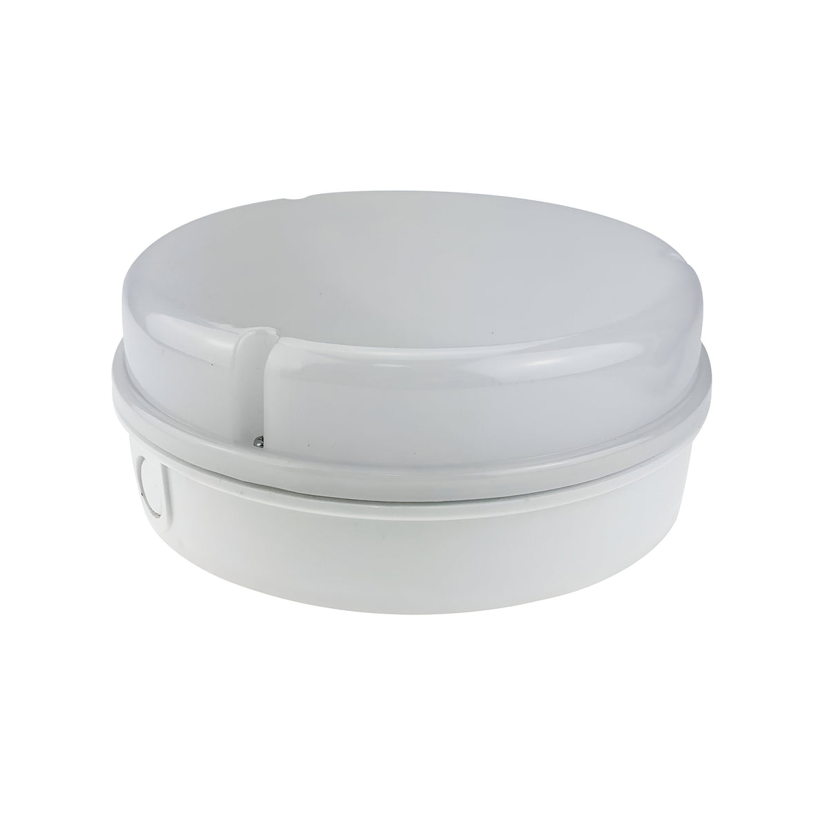 The PowerMaster 8W Outdoor Tamper Proof Bulkhead Casing in white, with a smooth frosted dome cover and IP65 rating, offers a simple, minimalistic design ideal for modern interiors seeking durable lighting solutions.