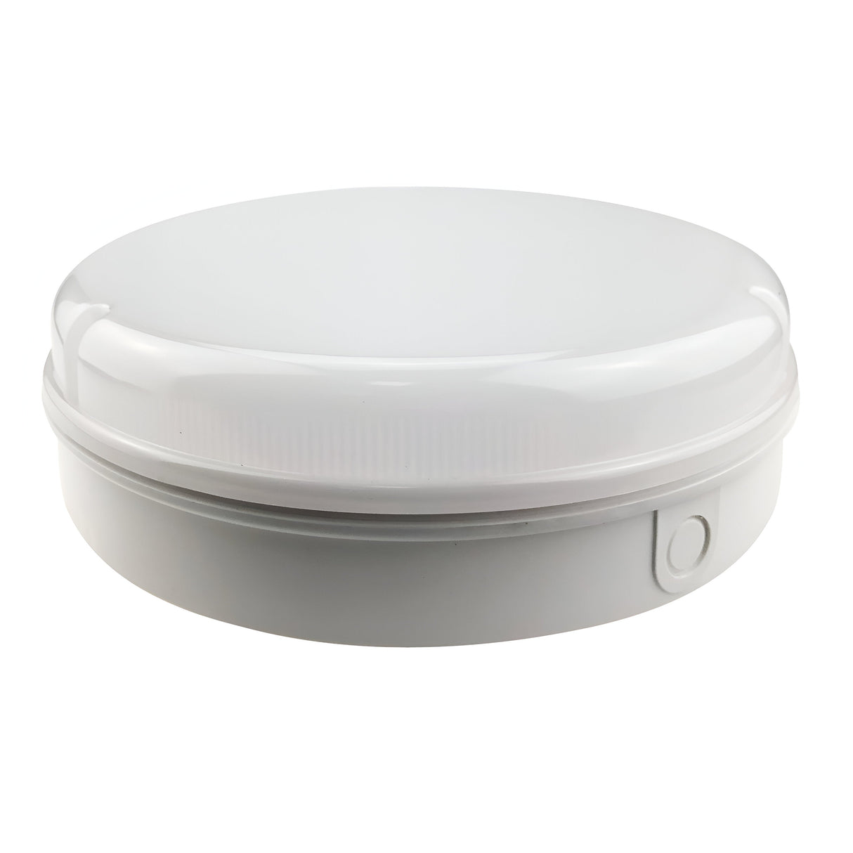 The PowerMaster Outdoor Tamper Proof Bulkhead features a white, round LED ceiling light with a smooth, domed cover and an IP65 rating for outdoor use, complete with tamper-proof casing and base switch.
