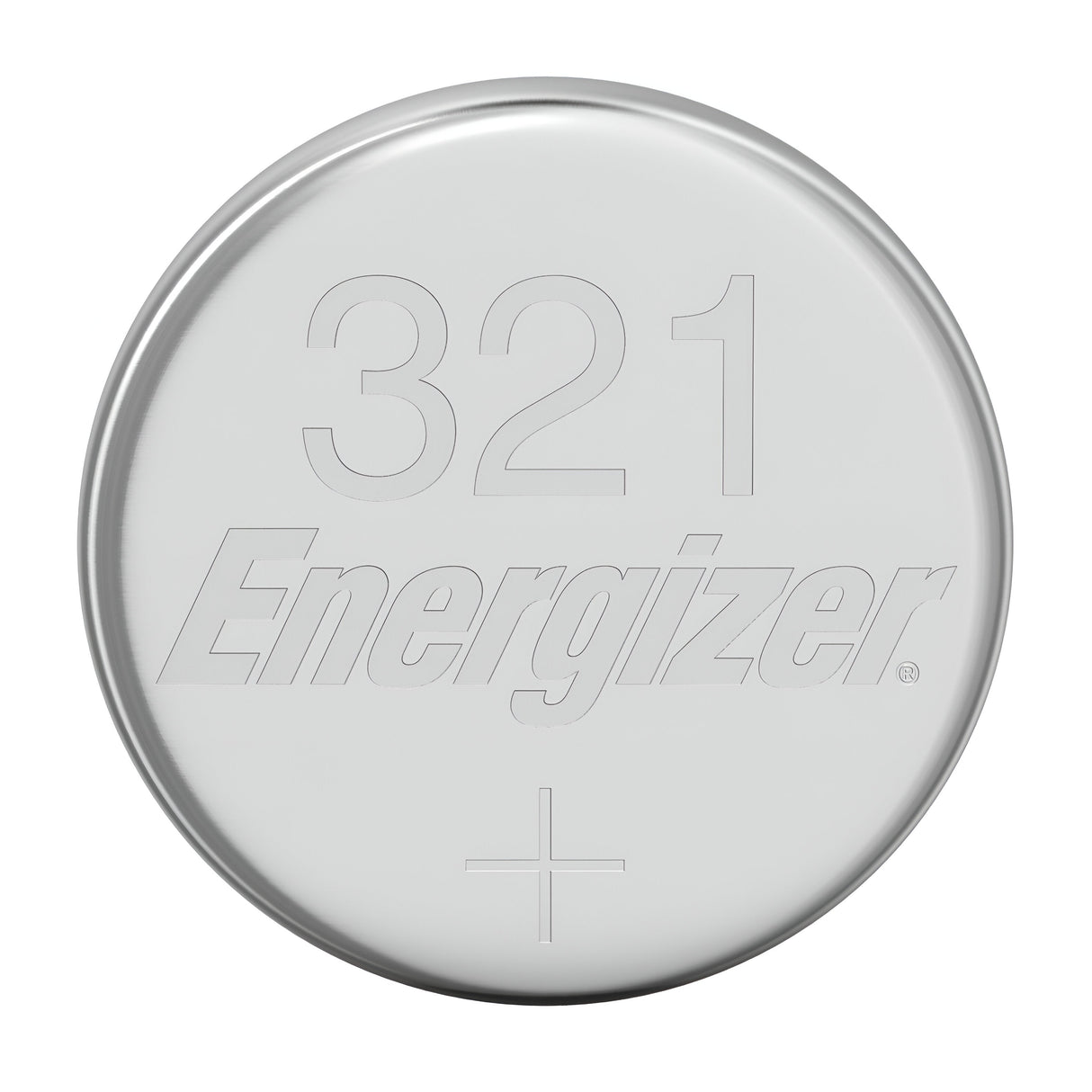 A silver, coin-shaped Energizer 321 Silver Oxide button cell battery, ideal for powering small electronics, features a plus sign engraved on its surface.