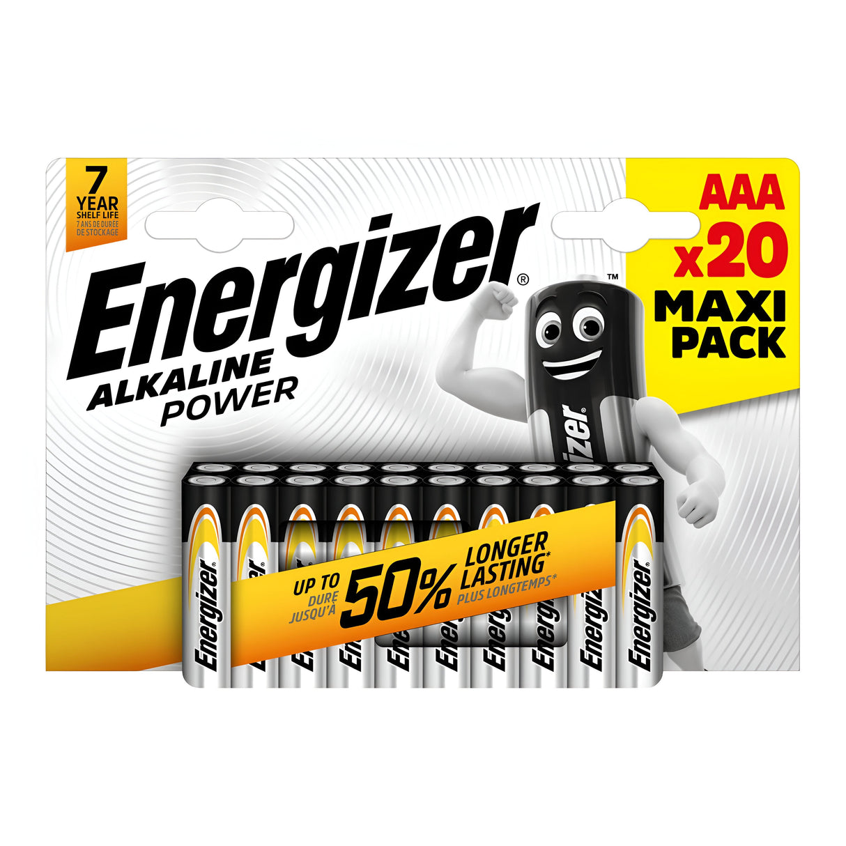 A 20-pack of Energizer Power AAA LR03 Alkaline Batteries, referred to as the Maxi Pack, displays packaging adorned with a battery-shaped character complete with arms and legs. The package highlights a leak-resistant design and claims "Up to 50% longer lasting" with a 7-year shelf life.