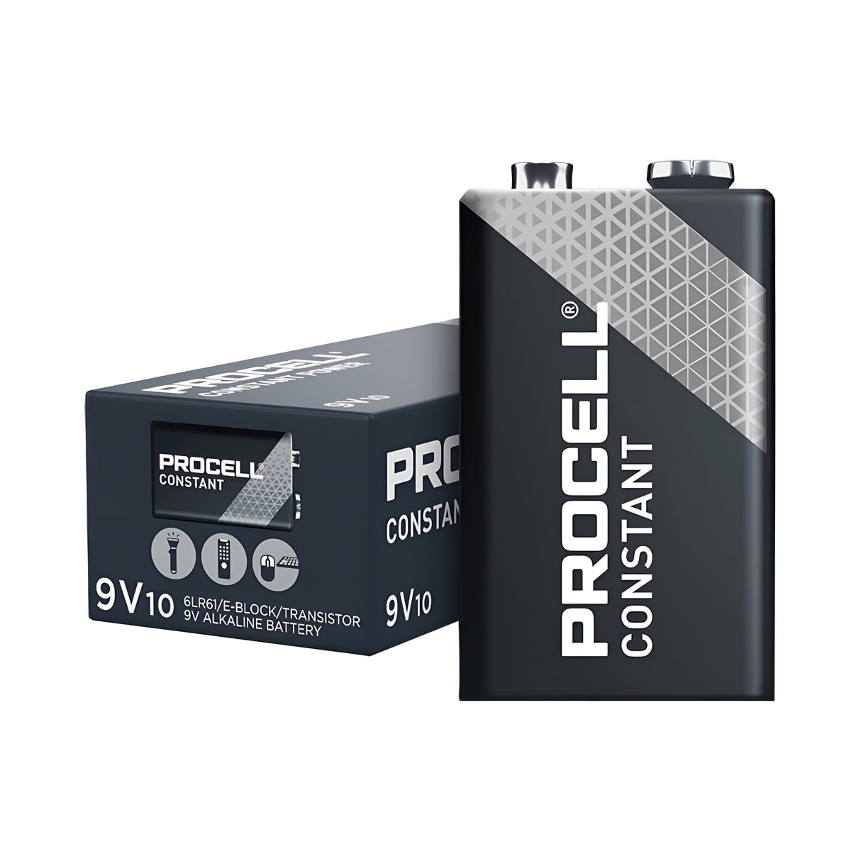 A black and silver AAA battery and its packaging are displayed. The Alkaline battery shows the brand Duracell Procell, while the box provides product specifications in white text on a dark background.