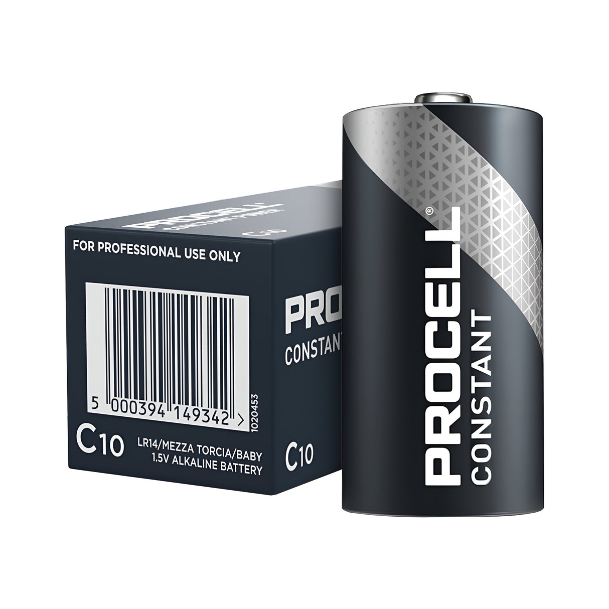 A Duracell Procell Constant C Size Alkaline battery, shaped cylindrically in black, is positioned next to a matching box. This setup is perfect for low-drain professional devices. The box prominently features a barcode and the phrase FOR PROFESSIONAL USE ONLY, while the battery itself has a metallic top adorned with the distinctive Procell Alkaline branding in white.