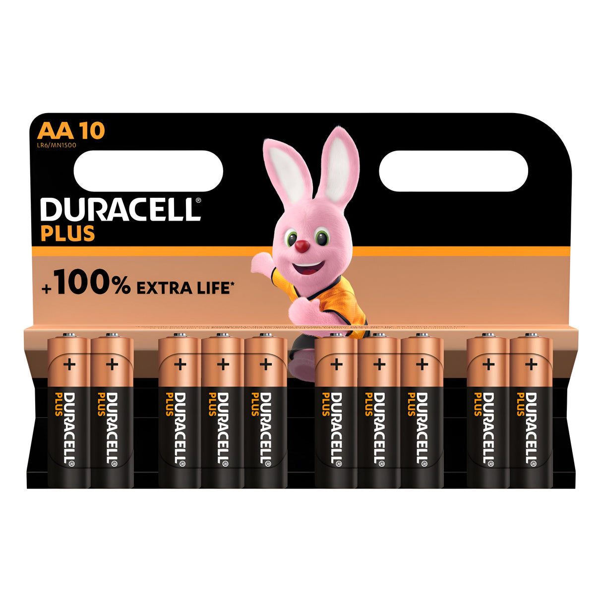 This pack of ten Duracell Plus Power +100% AA LR6 Alkaline Batteries, featuring the iconic pink bunny mascot, boasts long-lasting power with +100% Extra Life on the packaging, made possible by Duralock Technology.