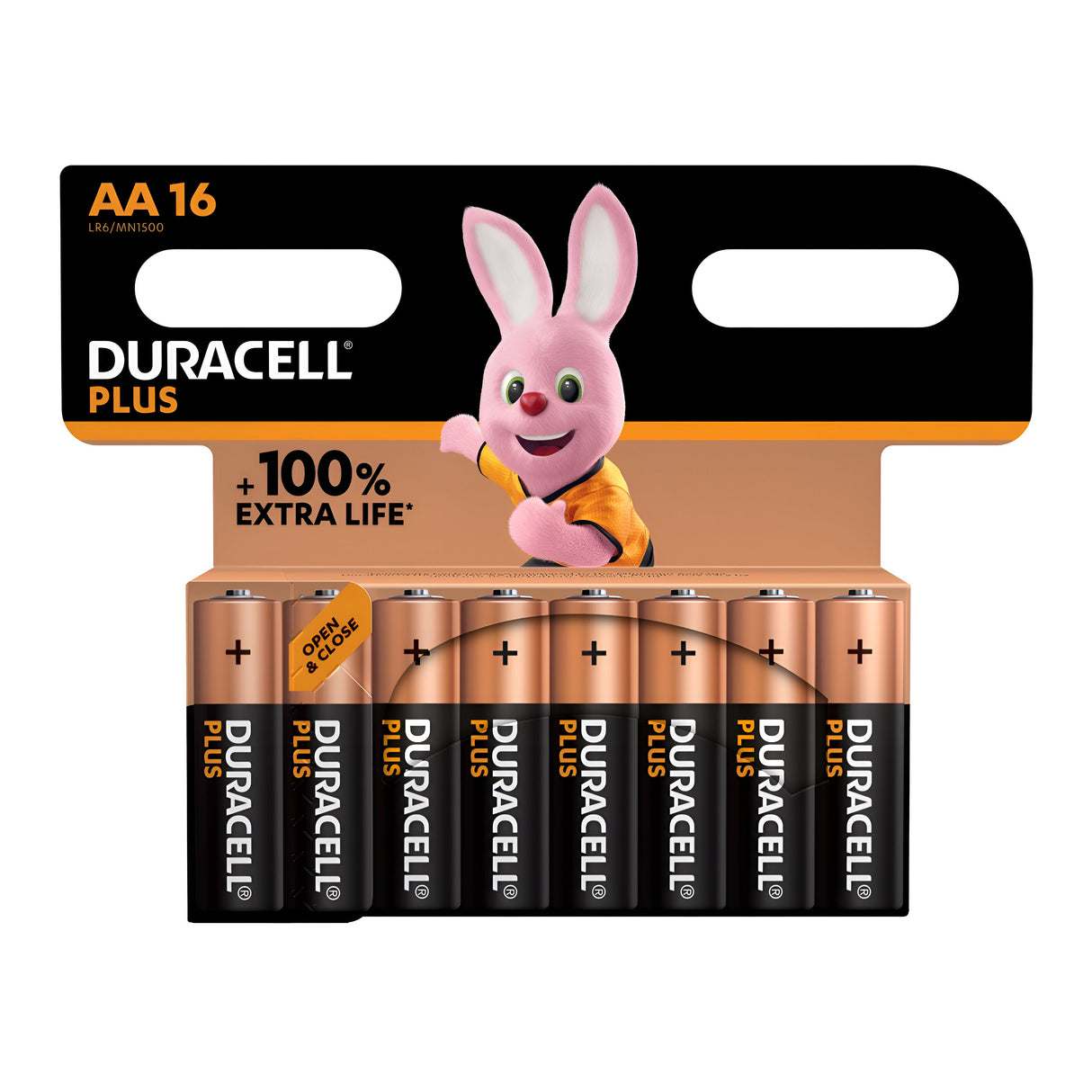 This pack of 16 Duracell Plus Power +100% AA LR6 Alkaline Batteries features the iconic bunny mascot and promises +100% Extra Life with Advanced Duralock Technology, ensuring long-lasting power.