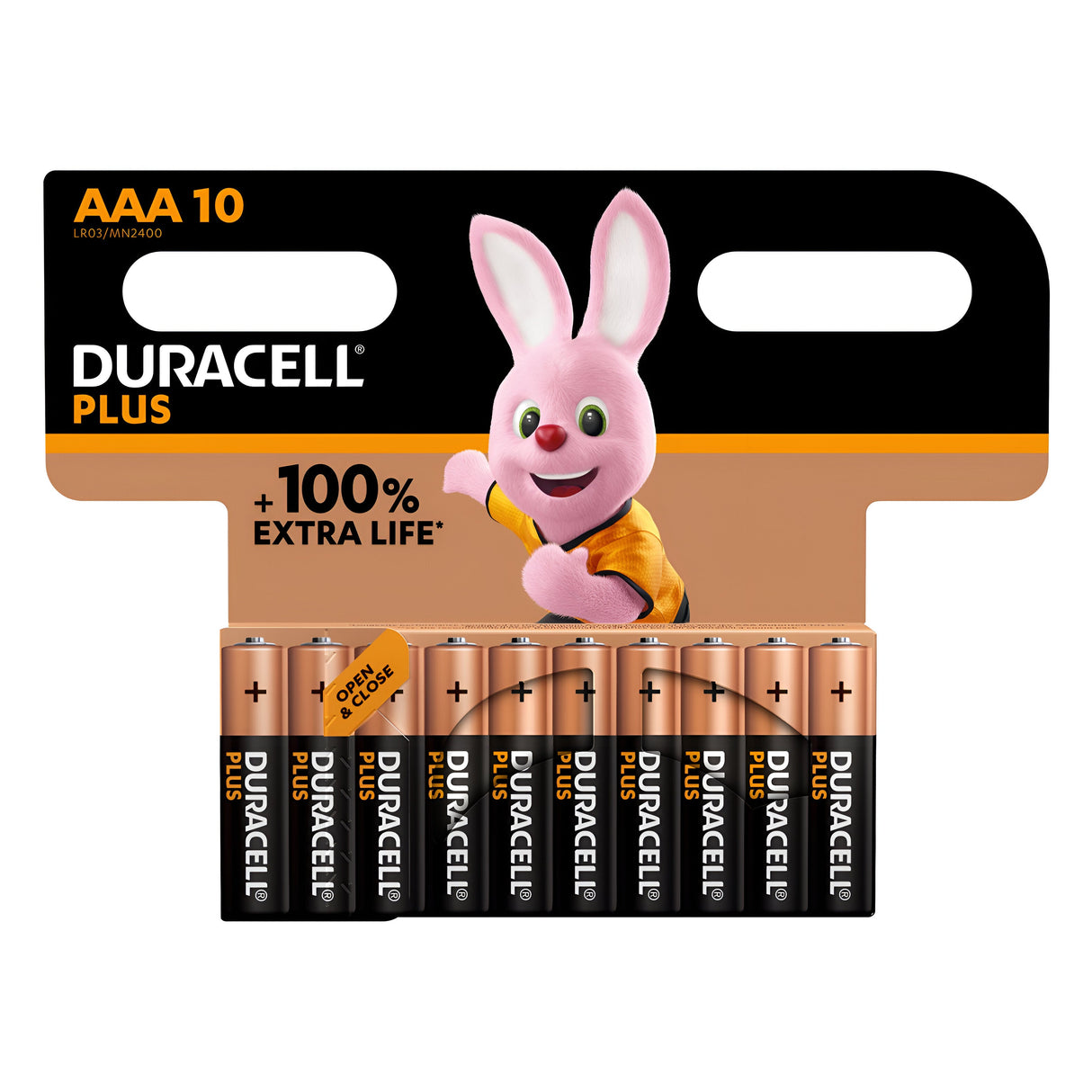 A pack of Duracell Plus Power +100% AAA LR03 Alkaline Batteries (10 Pack) is showcased, featuring the iconic Duracell bunny mascot. Known for its long-lasting energy and +100% Extra Life, the packaging stands out with its distinctive bold black and orange design, ideal for those who depend on enduring Duracell batteries.