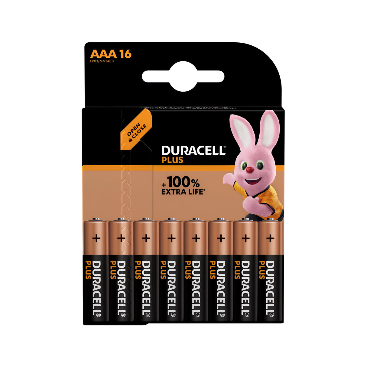 The packaging for Duracell Plus Power +100% AAA LR03 Alkaline Batteries (16 Pack) displays 16 batteries organized in two rows. A pink bunny mascot and a claim of +100% Extra Life are prominently featured, emphasizing Duracell's long-lasting durability. The black background with orange accents gives these advanced leakage prevention batteries a sleek appearance.
