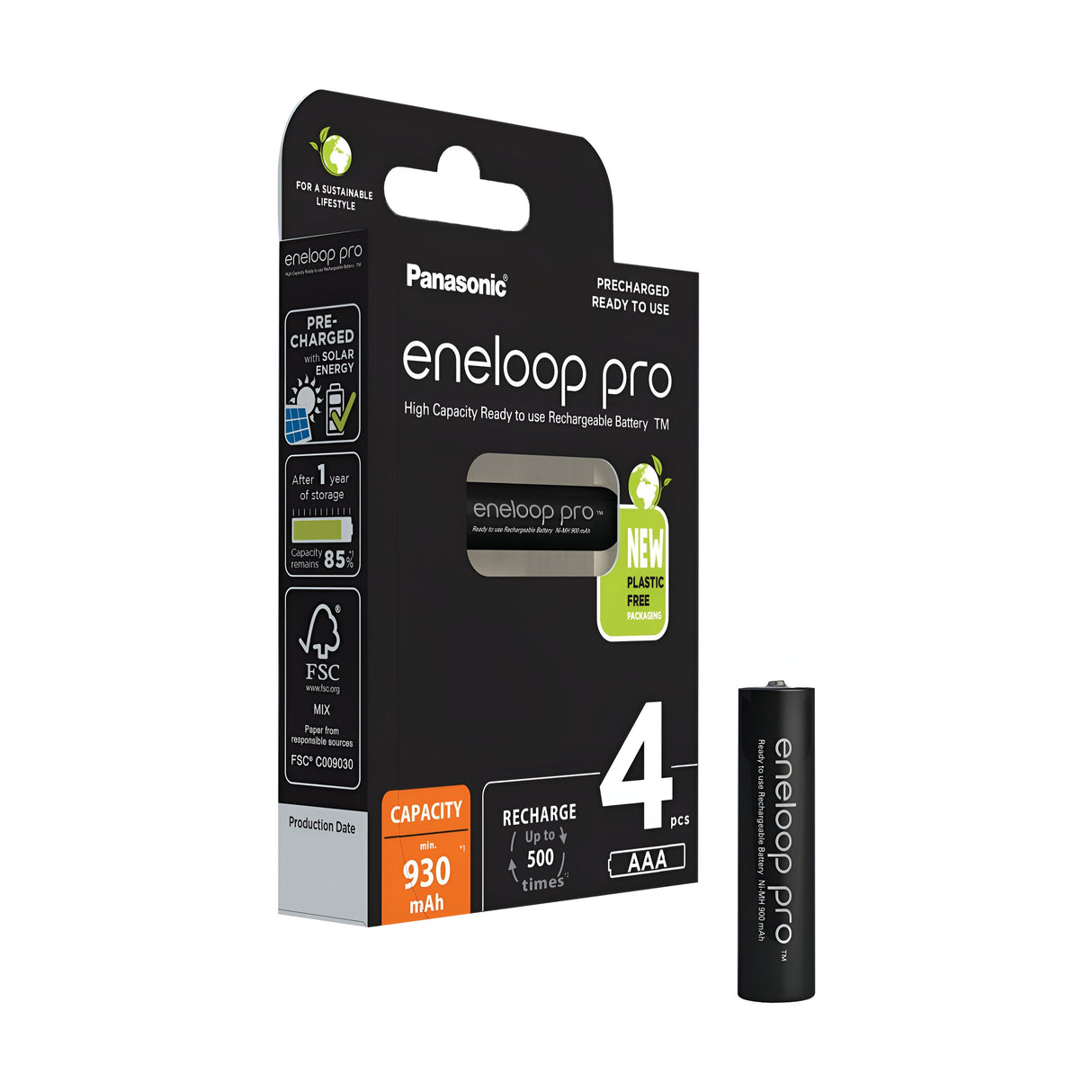 Packaging for Panasonic Eneloop Pro AAA HR03 rechargeable batteries, featuring four 930mAh capacity batteries ideal for devices with high energy demands. The eco-friendly box, boasting a new plastic-free design and FSC certification, ensures stable voltage output.
