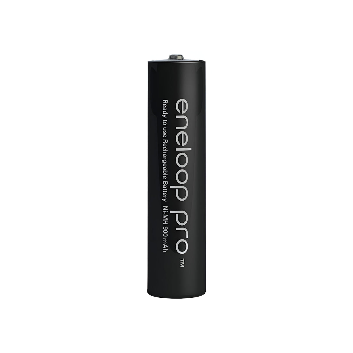 A Panasonic Eneloop Pro AAA HR03 rechargeable battery stands upright, featuring its black casing with white text. With a stable voltage output, it is labeled as a NiMH 930 mAh battery, ready to meet high-energy-demand devices.