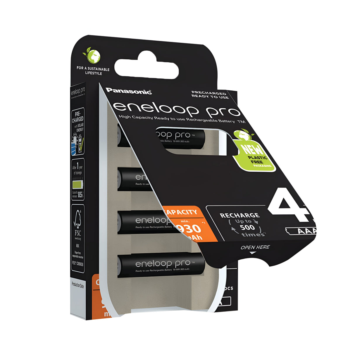 Packaging of Panasonic Eneloop Pro AAA HR03 rechargeable batteries, featuring a set of four 930mAh high-capacity, pre-charged batteries ideal for high-energy-demand devices. The packaging emphasizes environmental benefits and stable voltage output across 500 recharges, with a predominantly black and green color scheme.
