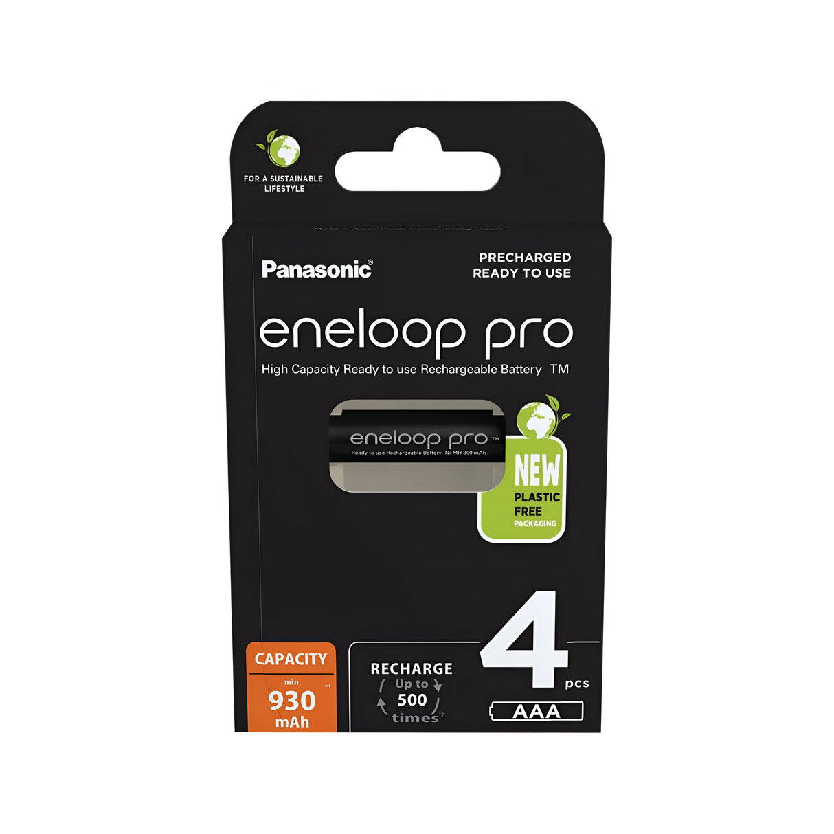 The Panasonic Eneloop Pro AAA HR03 Rechargeable Batteries 930mAh (4 Pack) come in plastic-free packaging and include four precharged, rechargeable batteries. They offer a capacity of 930 mAh, maintain stable voltage output, and are capable of up to 500 recharges, making them ideal for high-energy-demand devices and sustainable lifestyles.