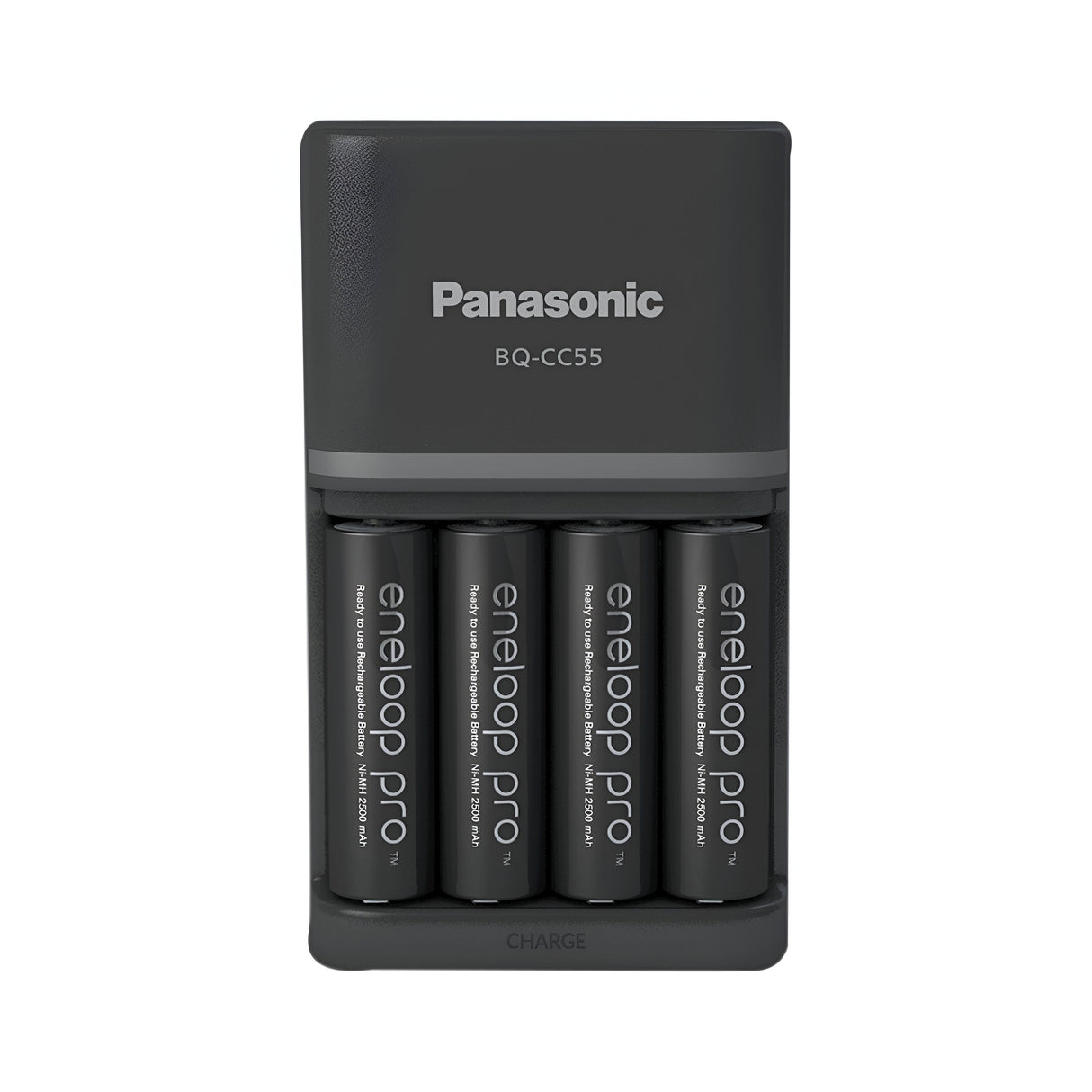 The Panasonic Eneloop Pro Battery Charger, accompanied by four 2500mAh high-performance rechargeable AA batteries, showcases a modern black design with white text and incorporates Smart Charge technology for optimal efficiency.