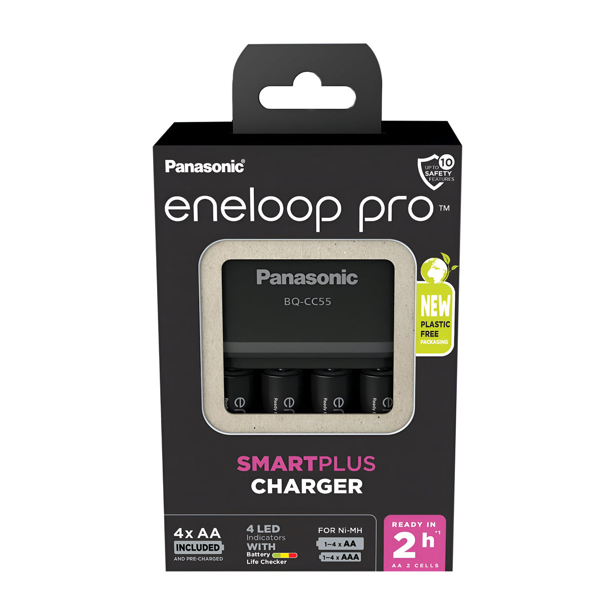 Package of Panasonic Eneloop Pro Battery Charger with four high-performance 2500mAh rechargeable AA batteries, branded as Smartplus Charger. The package design promotes a new plastic-free concept and highlights Smart Charge technology, offering a full charge in just 2 hours for AA batteries.