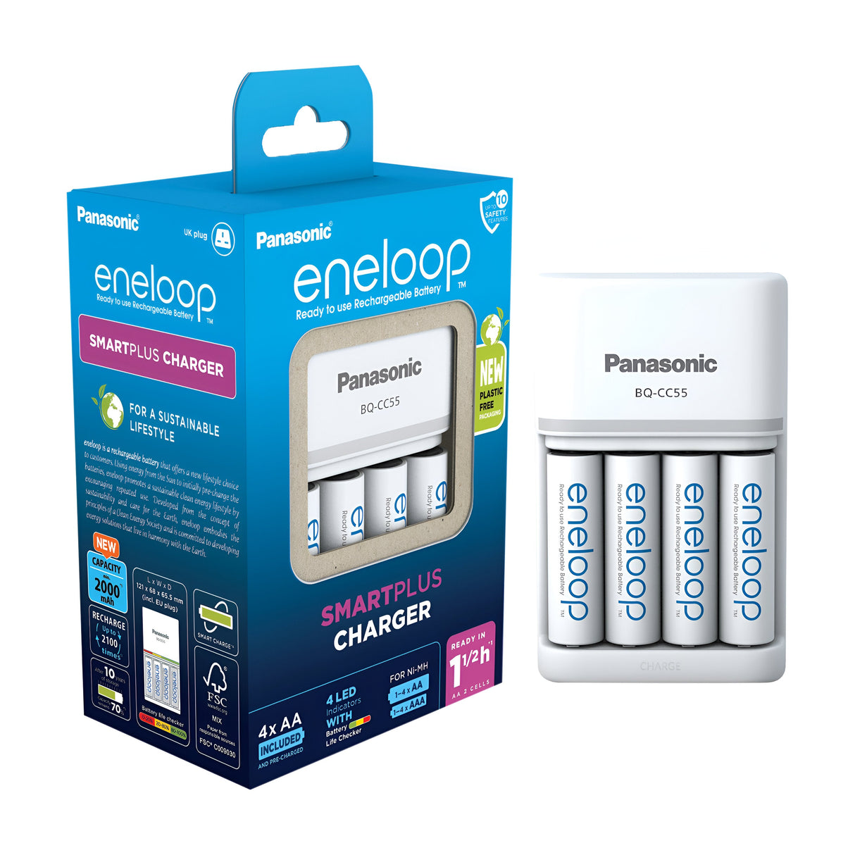Image of the Panasonic Eneloop Battery Charger + 4xAA 2000mAh Rechargeable Batteries - UK Plug. The charger, equipped with Smart Charge technology, is displayed next to its packaging, which emphasizes features such as long-lasting charge, LED indicator, and eco-friendly design.