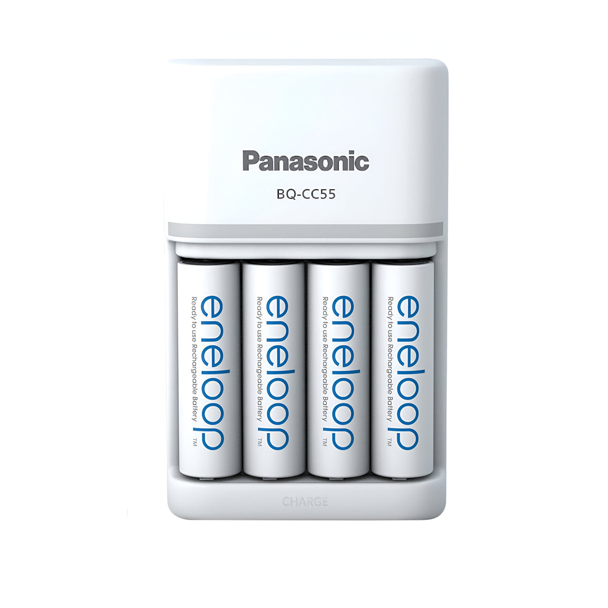 The Panasonic Eneloop Battery Charger + 4xAA 2000mAh Rechargeable Batteries is pictured, showcasing a white finish and Smart Charge technology in a sleek design. The four AA rechargeable batteries are organized neatly inside, highlighting the charger's compact efficiency and modern appeal.