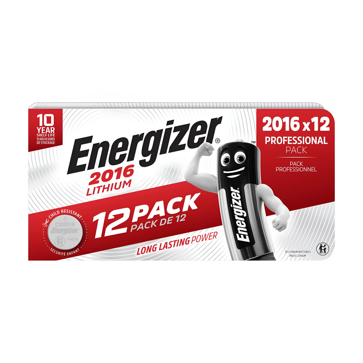 Image of an Energizer CR2016 Lithium Battery 12-Pack. The packaging includes the Energizer mascot on the front, highlighting its professional-grade power capabilities with a 10-year shelf life and long-lasting performance. The red and white pack guarantees efficiency for all your needs.