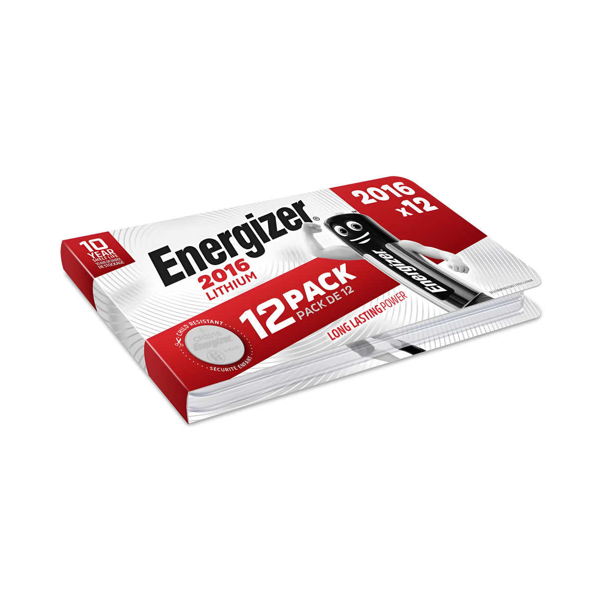 A 12-pack of Energizer CR2016 Lithium batteries provides professional-grade power. The mostly white and red packaging prominently features the text "12 Pack" and "Long Lasting Power," along with a battery character on the front, ensuring your devices have a long-lasting power source.