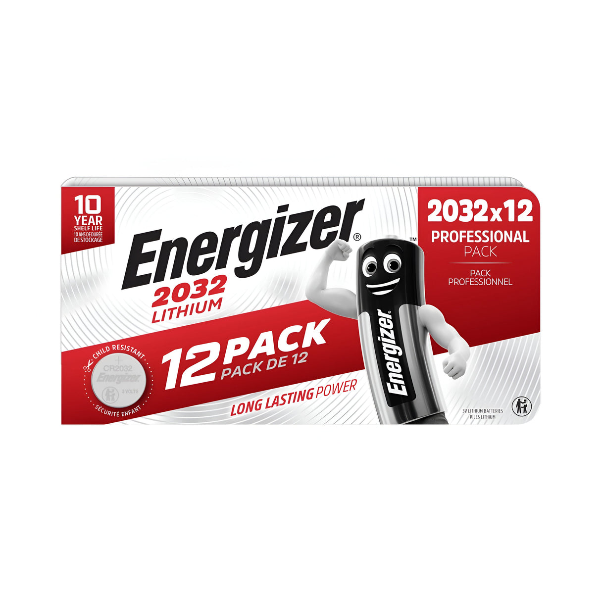 Image of the Energizer CR2032 Lithium Coin Cell Batteries (12 Pack) packaging. This professional pack, adorned with a cartoon battery character, includes 12 coin cell batteries. It offers a 10-year shelf life and features child-resistant packaging, providing both safety and long-lasting power for your devices.