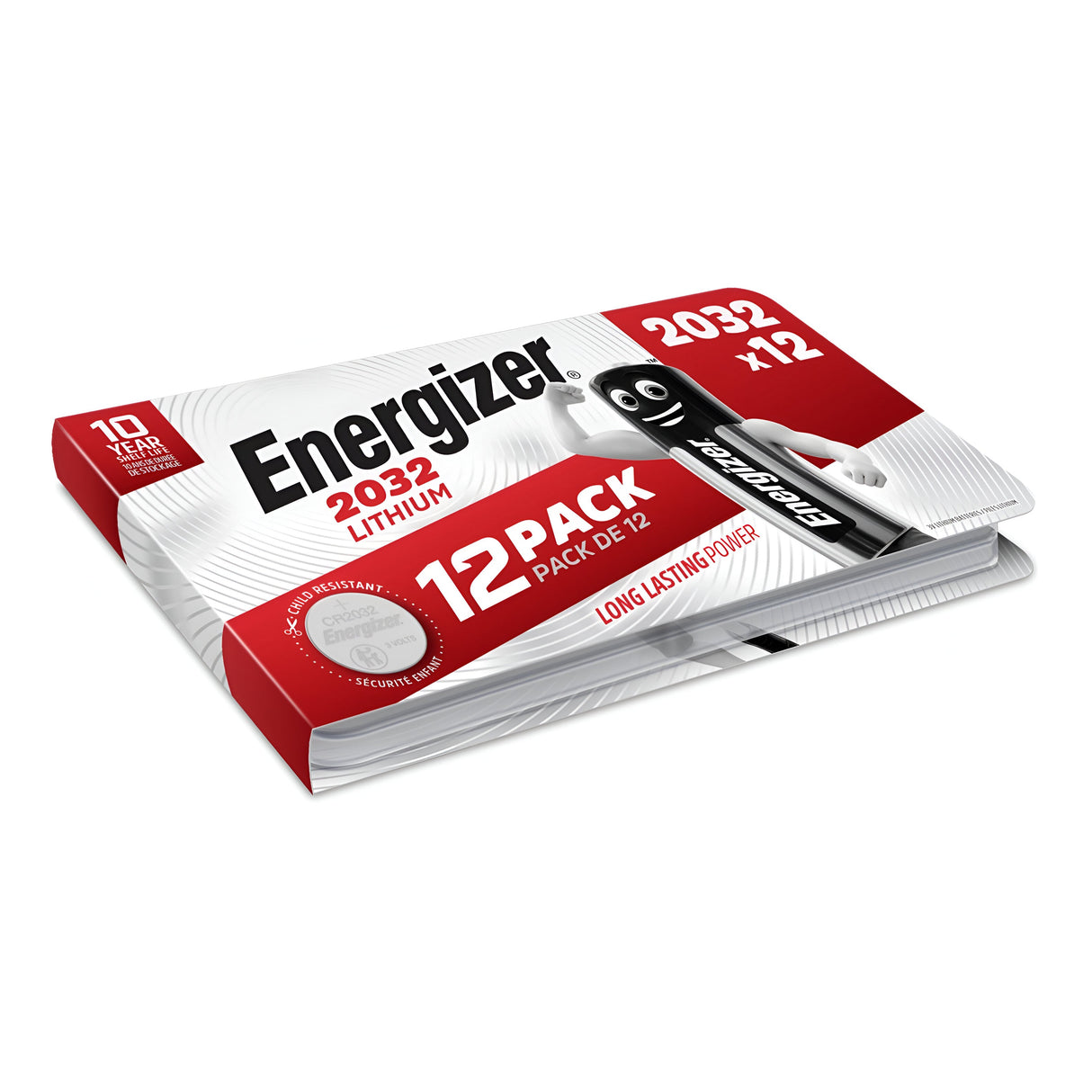 The Energizer CR2032 Lithium Coin Cell Batteries (12 Pack) come in packaging with a bold red and white design, prominently displaying the Energizer logo alongside the "Long Lasting Power" message. These 3V batteries provide dependable performance with a 10-year shelf life, making them ideal for various small electronic devices.