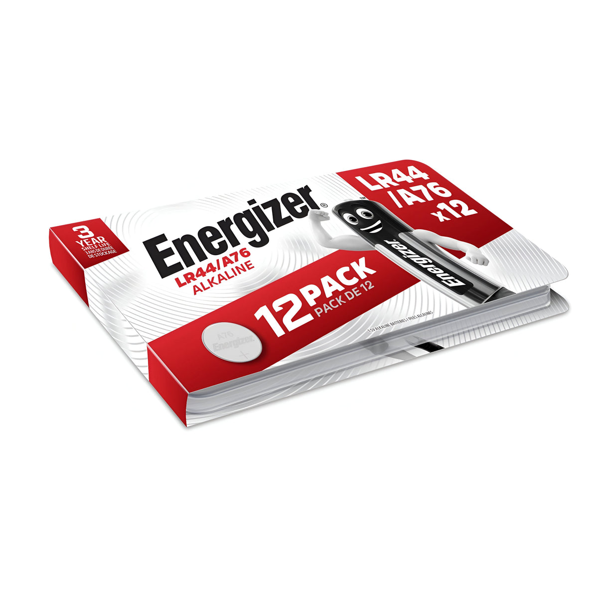 A pack of Energizer LR44/A76 alkaline button cell batteries, consisting of 12 units, features red, white, and black packaging with the Energizer logo, and guarantees long-lasting energy with a 3-year shelf life.