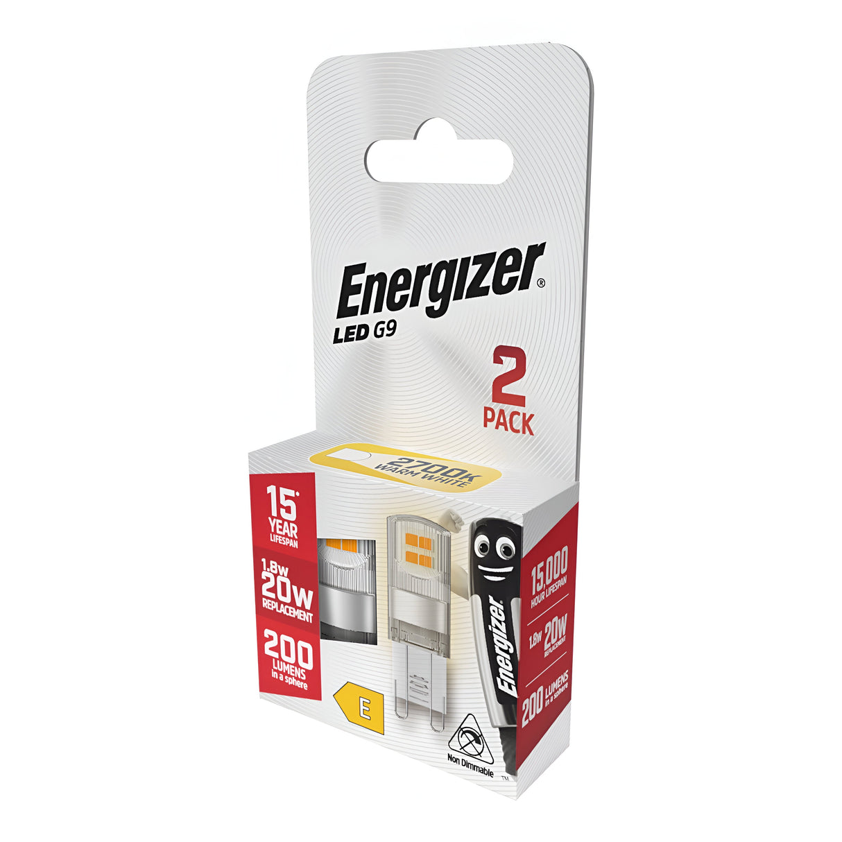 The Energizer 1.8W G9 Non-Dimmable LED Capsule Bulbs, available in a 2-pack, provide warm white illumination at 2700K. With a lifespan of 15,000 hours and an energy-efficient output of 1.8 watts delivering 200 lumens, these bulbs boast a projected life expectancy of up to 15 years. The packaging is predominantly white with eye-catching red and yellow accents.