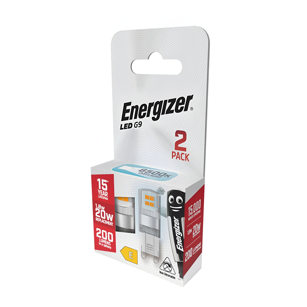 A package of Energizer 1.8W G9 Non-Dimmable LED Capsule Bulbs in Warm White is displayed, labeled as a 2 Pack. The packaging emphasizes features such as a 15-year lifespan and energy-efficient lighting equivalent to 20 watts, producing 200 lumens with an energy efficiency class E—an environmentally friendly option for your lighting requirements.