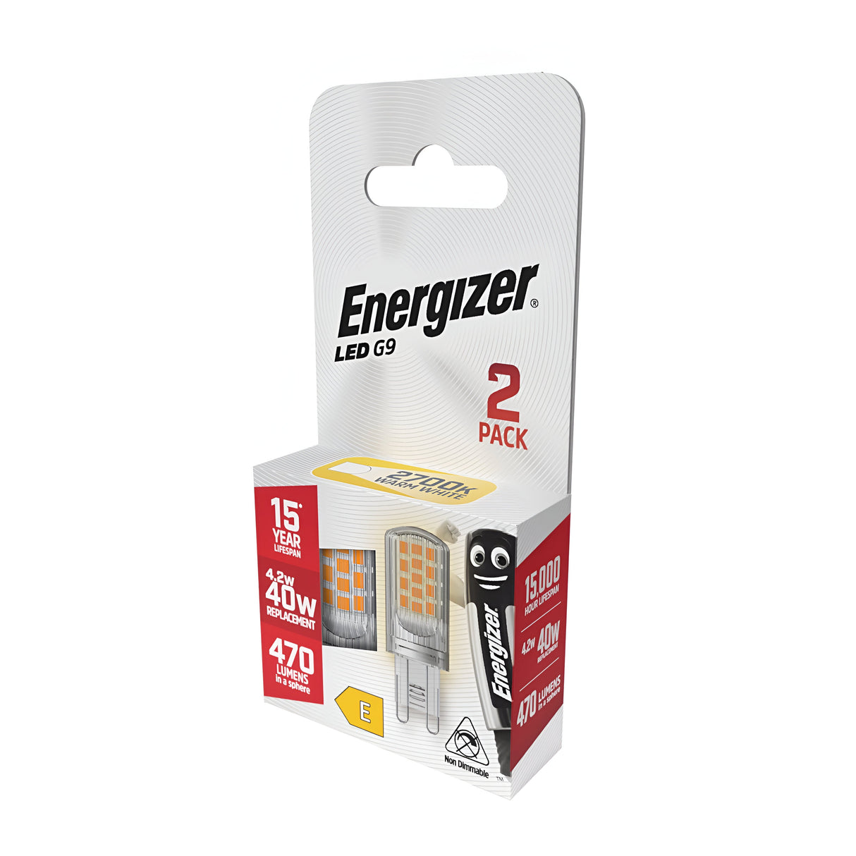 The packaging of the Energizer 4.2W G9 Non-Dimmable LED Capsule Bulbs showcases a sleek white design with red and yellow accents. Providing warm white light at 2700K, these bulbs offer energy efficiency at 4.2W, delivering 470 lumens and a lifespan of 15,000 hours for long-lasting illumination in each pack of two.