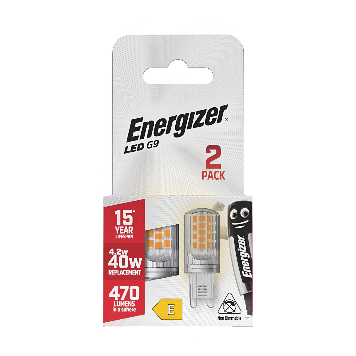 The packaging of the Energizer 4.2W G9 Non-Dimmable LED Capsule Bulbs, available in a 2-pack, provides energy efficiency with warm white light at 2700K. Key features include a lifespan of 15 years, consuming just 4.2W while offering an output equivalent to 40W, and producing 470 lumens. The packaging highlights an illustration of the Energizer character and carries an energy rating of E.