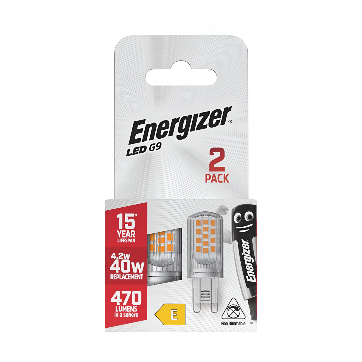 The packaging for the Energizer 4.2W G9 Non-Dimmable LED Capsule Bulb - Cool White, 4000K (2 Pack) highlights its features, including a power rating of 4.2W, making it a replacement for 40W bulbs, and it offers 470 lumens in cool white light. It is designed with an illustration of a bulb and features the iconic Energizer logo, boasting an impressive lifespan of up to 15 years.