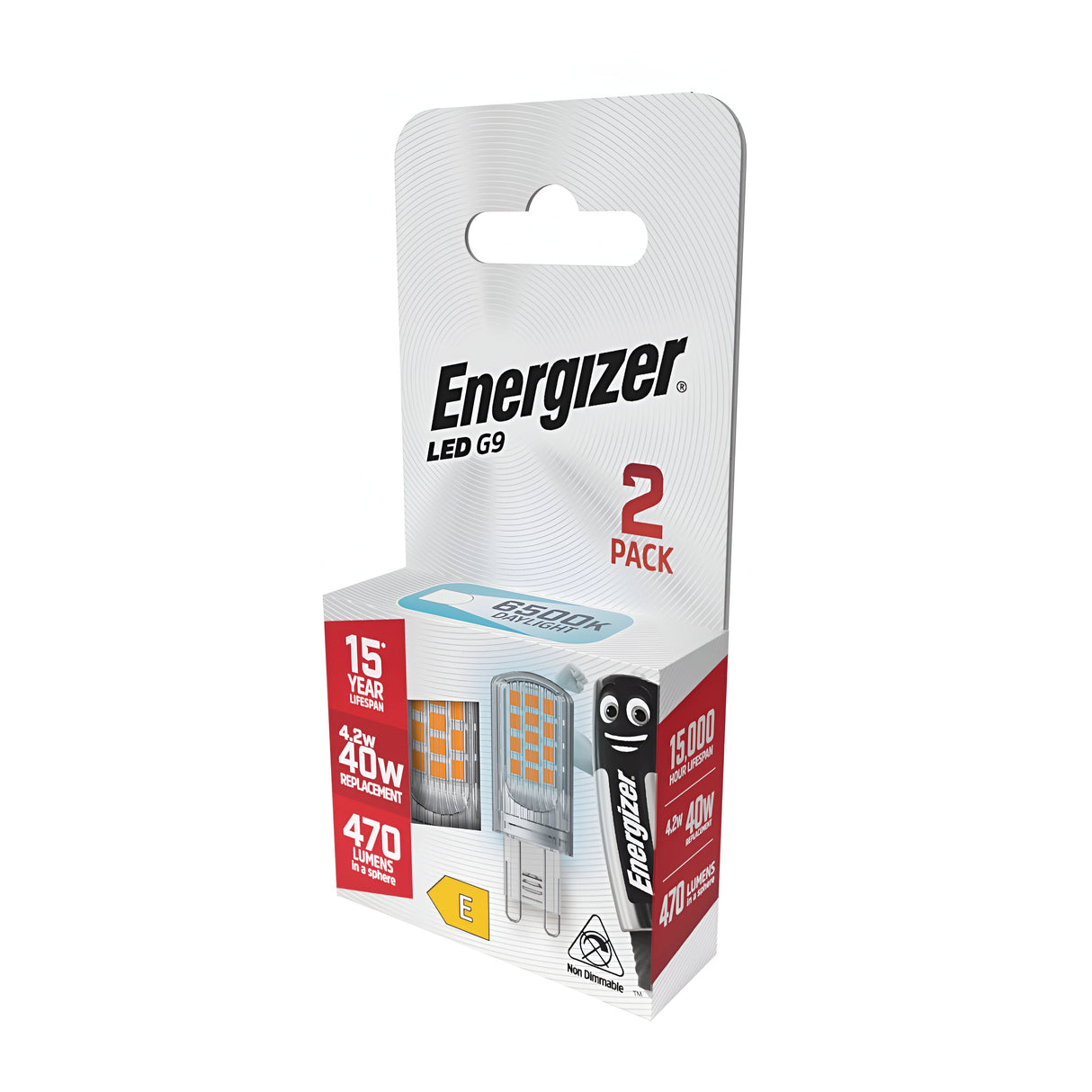 Packaging for Energizer 4.2W G9 Non-Dimmable LED Capsule Bulb, 2-pack in daylight (6500K). The box highlights its features: a 15-year lifespan with an energy consumption of just 4.2W, offering the light output equivalent to a traditional 40W bulb and producing 470 lumens. It boasts an energy efficiency class of E and prominently displays an image of the bulb on the packaging.