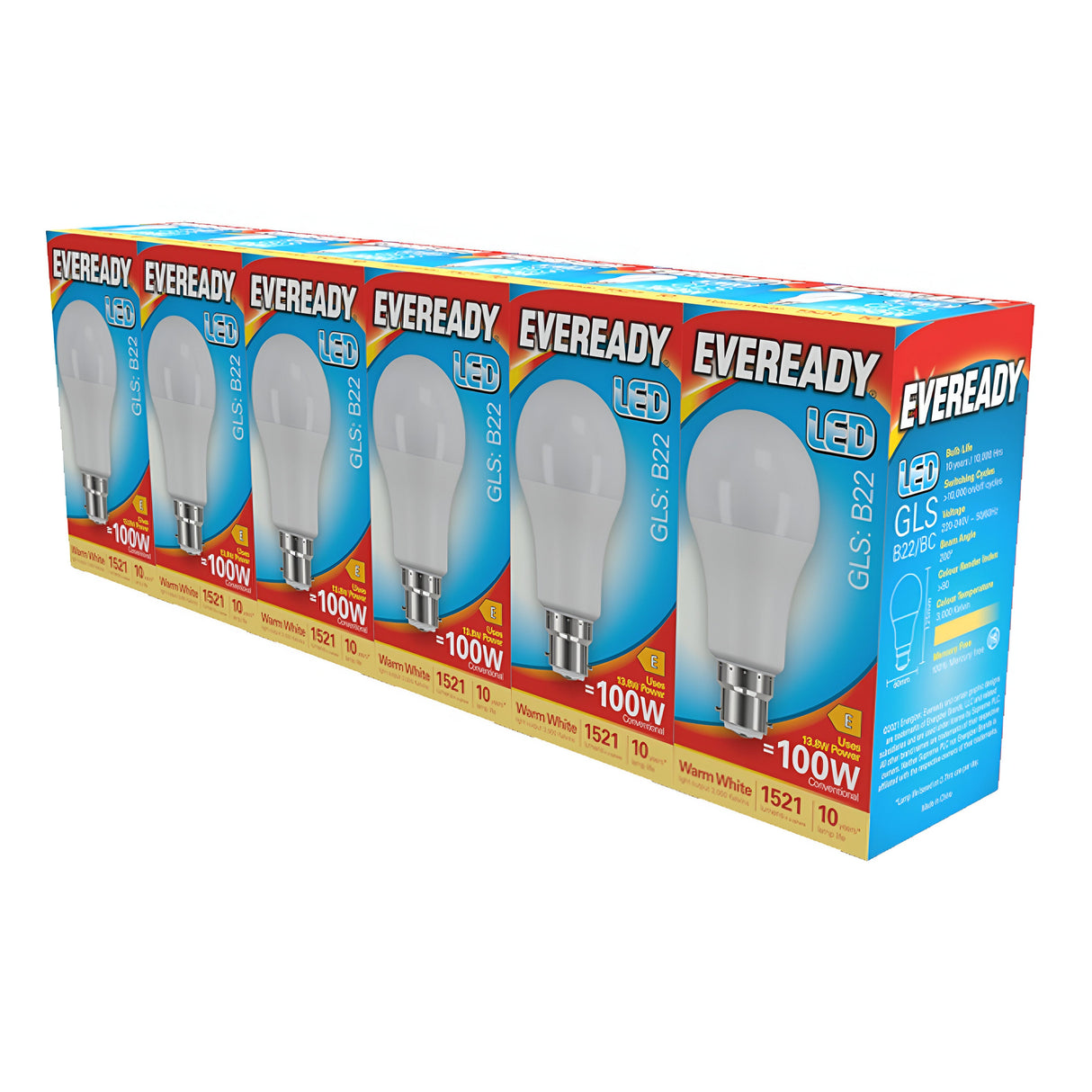 A package of Eveready 13.8W Non-Dimmable LED GLS Bulbs includes six warm white bulbs with a B22 base, offering 100W equivalence and a brightness output of 521 lumens. The packaging predominantly features blue and red designs, highlighting attributes such as energy efficiency and brightness.