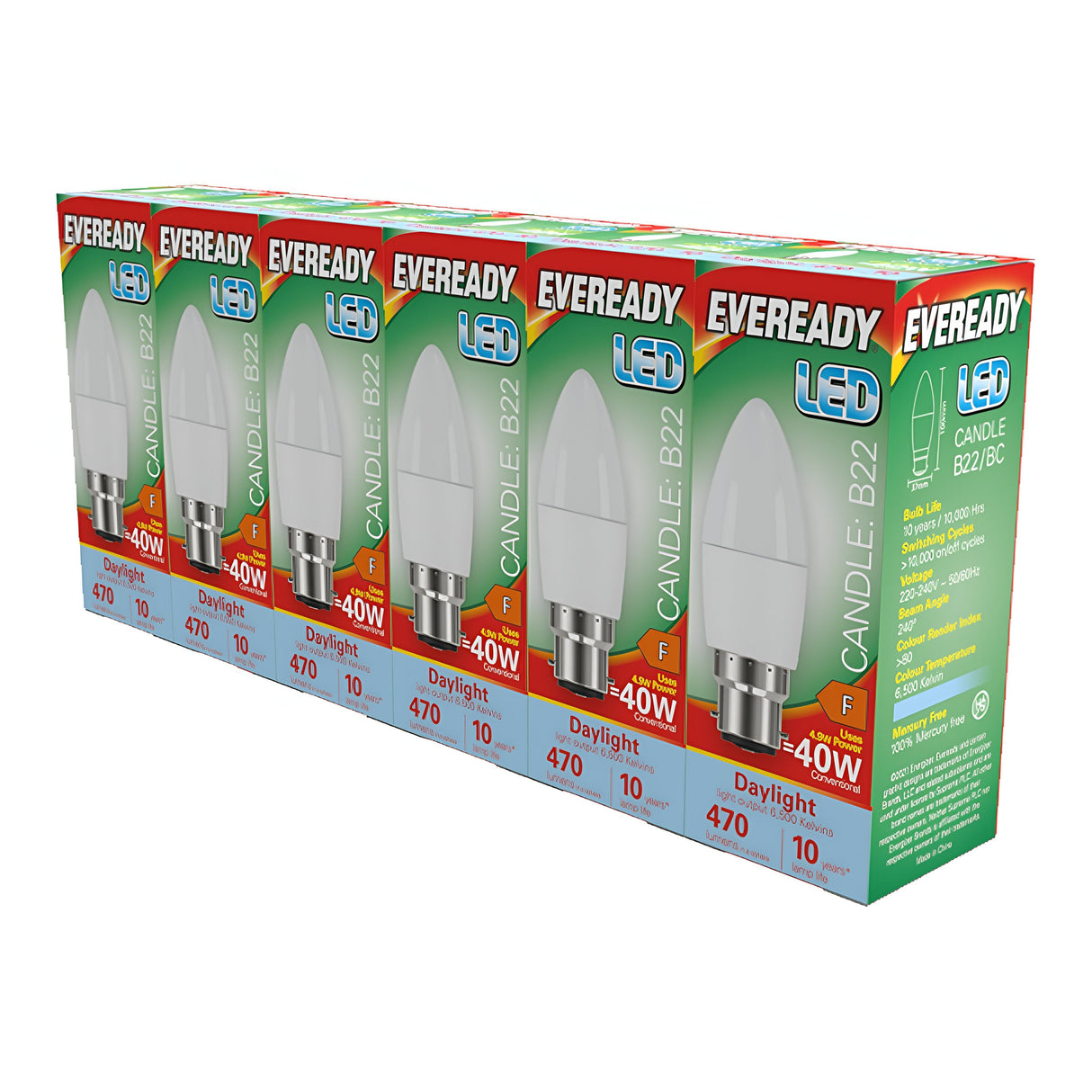 Six boxes of Eveready 4.9W Non-Dimmable LED Candle Bulbs are displayed, labeled with Energy-Efficient, 40W equivalent, Daylight, and B22. Each package features a green and red color scheme and provides 470 Lumens.
